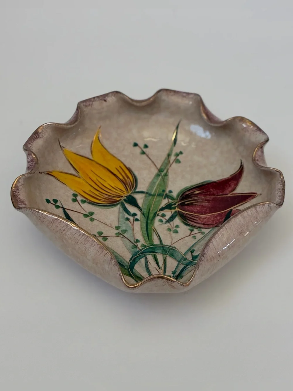 Vintage Pottery Hand Painted Ruffled Bowl  Floral Design Made In Italy